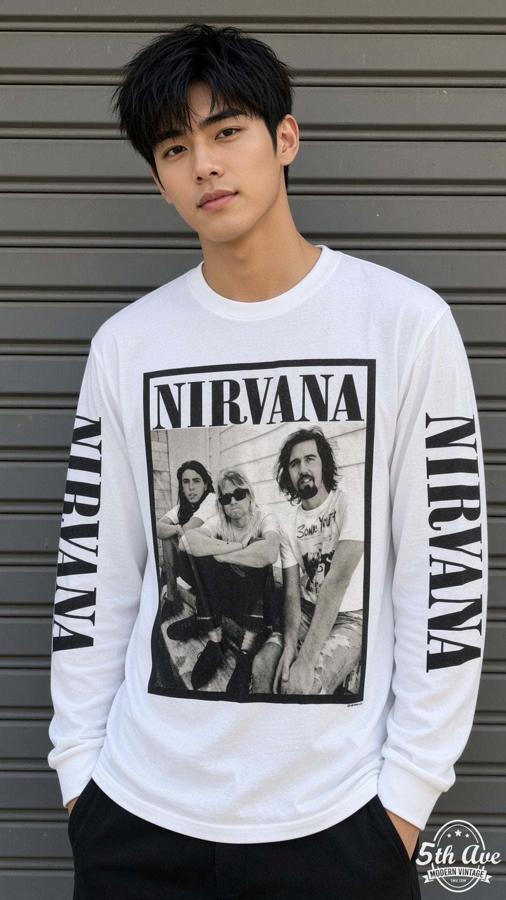 ETS LS 61 Nirvana Seated Trio long sleeve vintage tee worn by a model