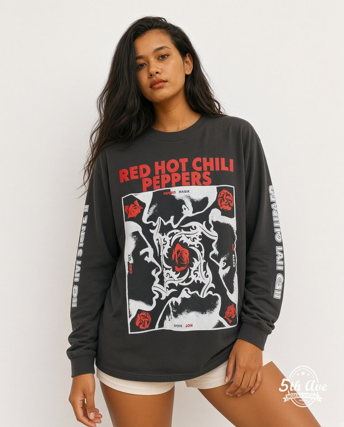 Model wearing the Red Hot Chili Peppers Blood Sugar Sex Magik Red Circle Asterisk Long Sleeve vintage band t-shirt in black