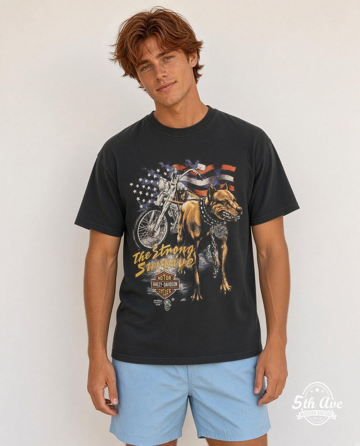 Model wearing the Harley-Davidson The Strong Survive graphic tee in black