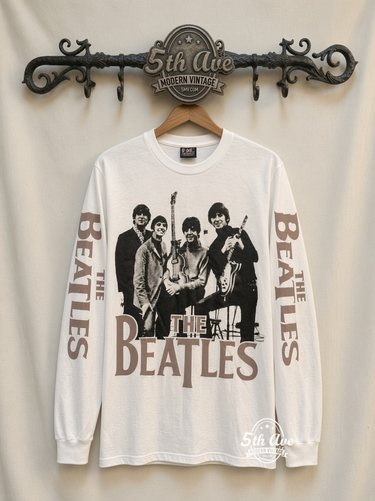 ETS LS 62 The Beatles Band Photo long sleeve vintage tee on rack, front