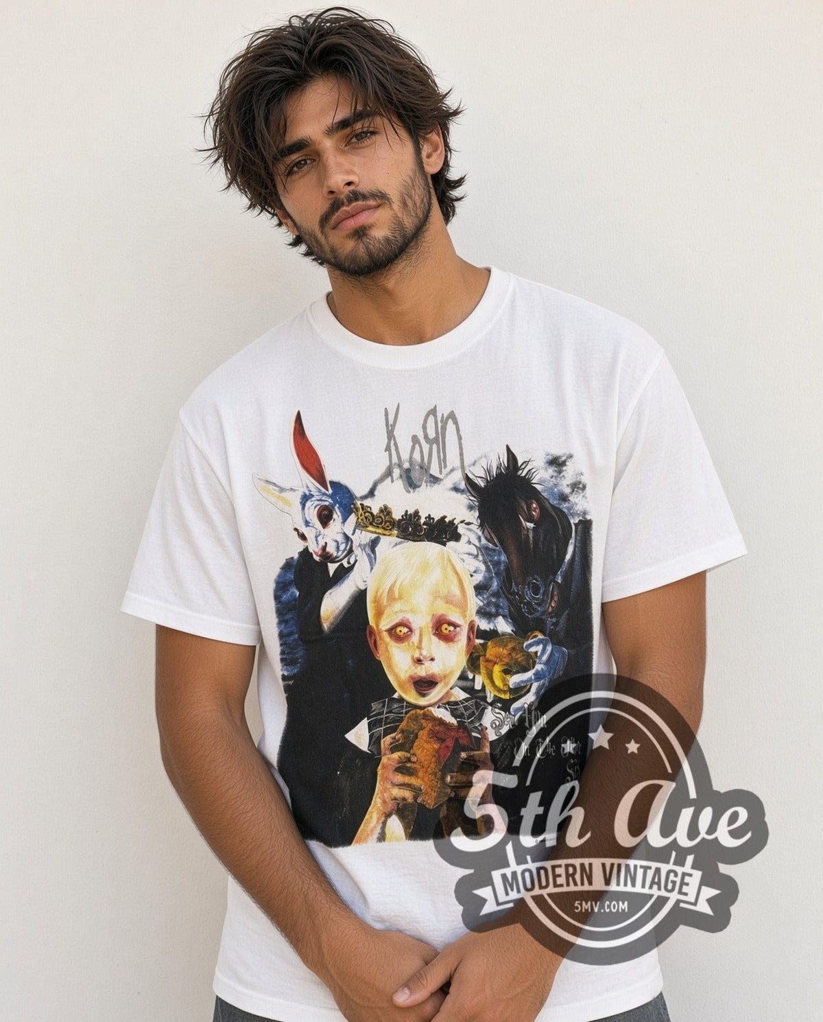 Model wearing the Korn Bunny Doll vintage band t-shirt in white