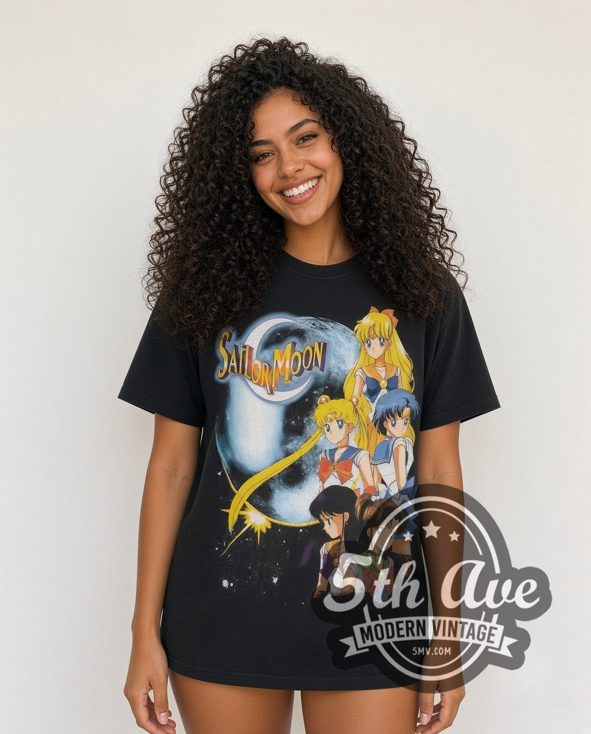 Model wearing the Sailor Moon Sailor Guardians and Starlights vintage graphic t-shirt