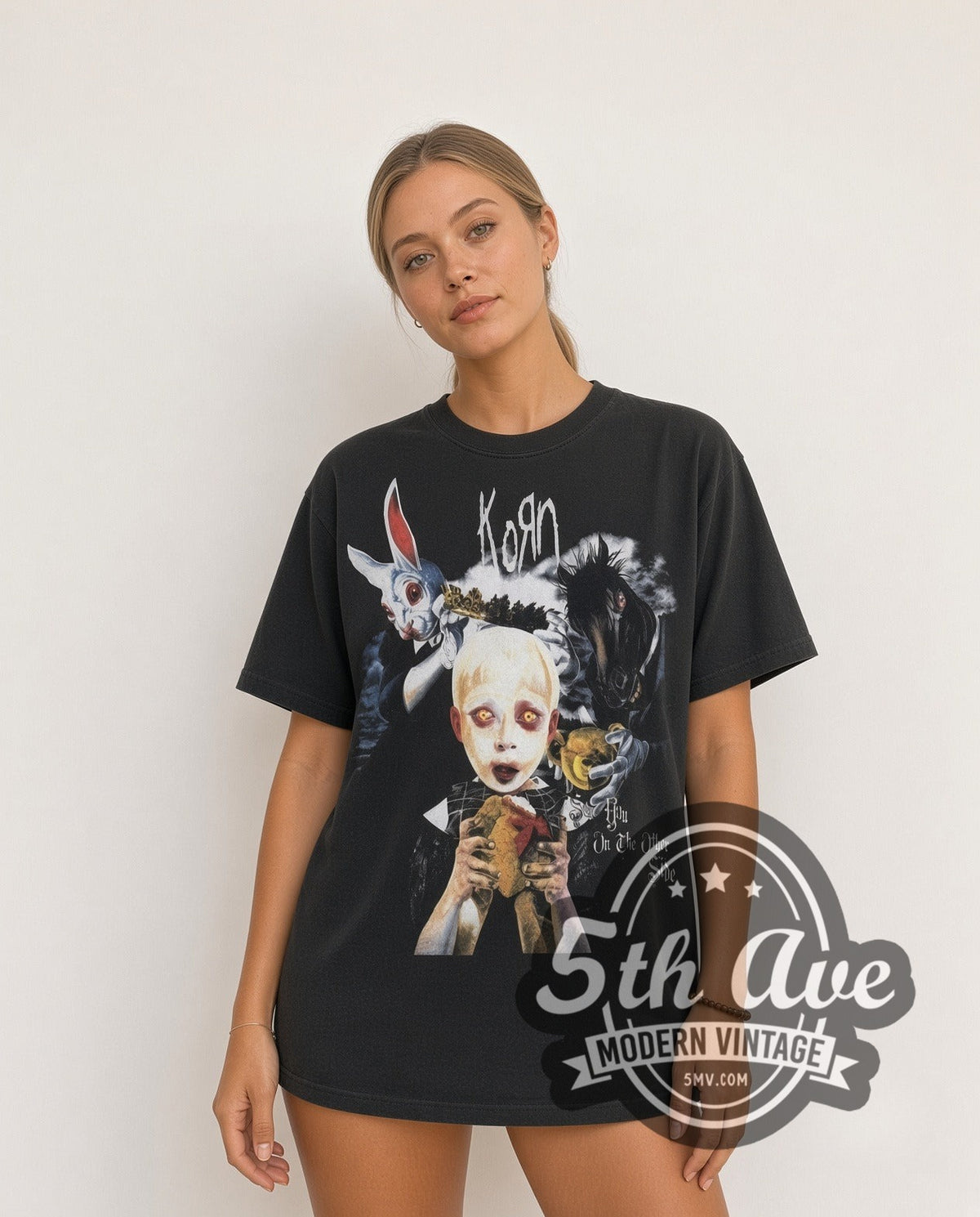 Model wearing the Korn Bunny Doll vintage band t-shirt in black