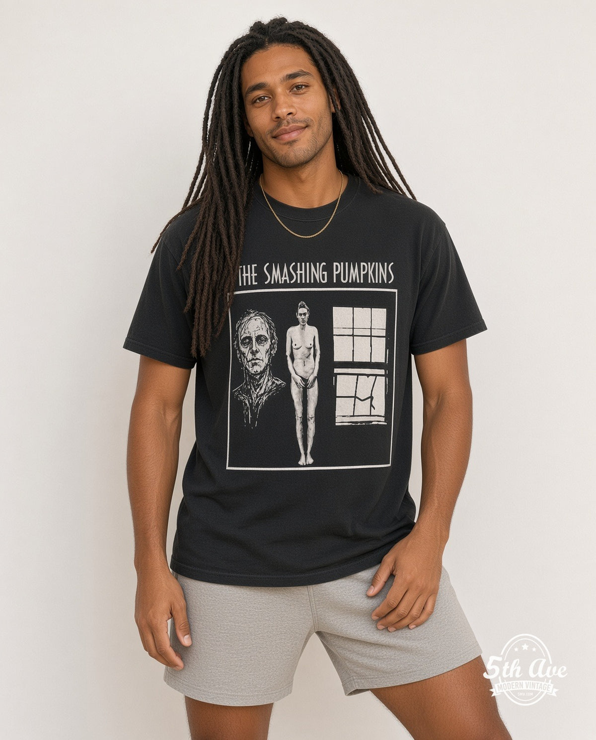 Model wearing The Smashing Pumpkins Zero Figure Concentric Circle Back vintage band t-shirt in black
