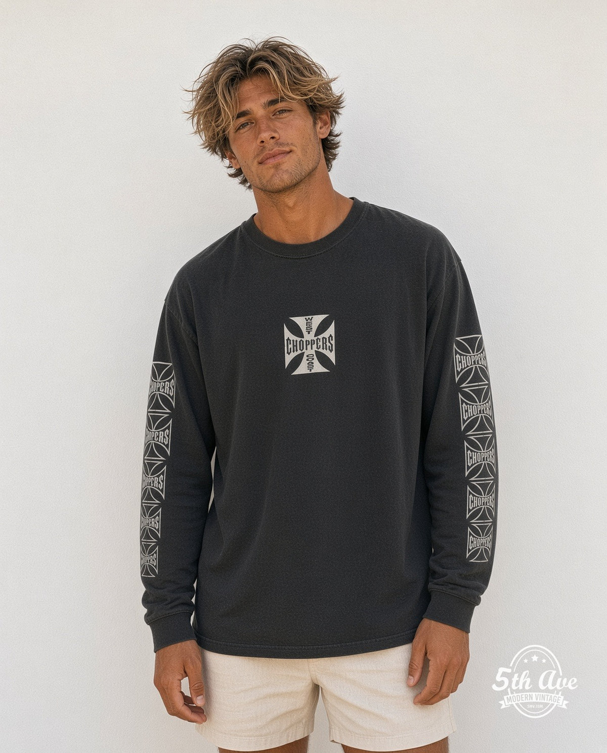 Model wearing the West Coast Choppers Long Beach California graphic tee in black