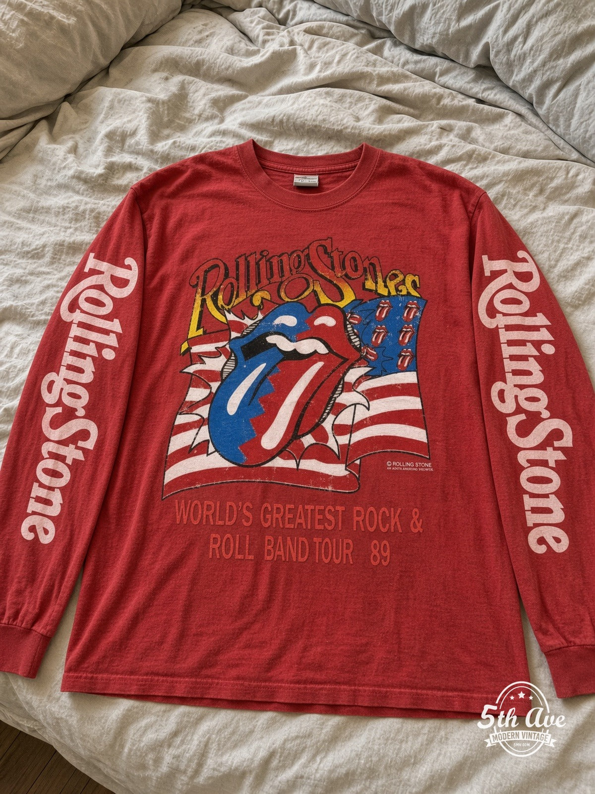ETS LS 67 The Rolling Stones Tour 89 Tongue Flag long sleeve vintage tee laid on a bed