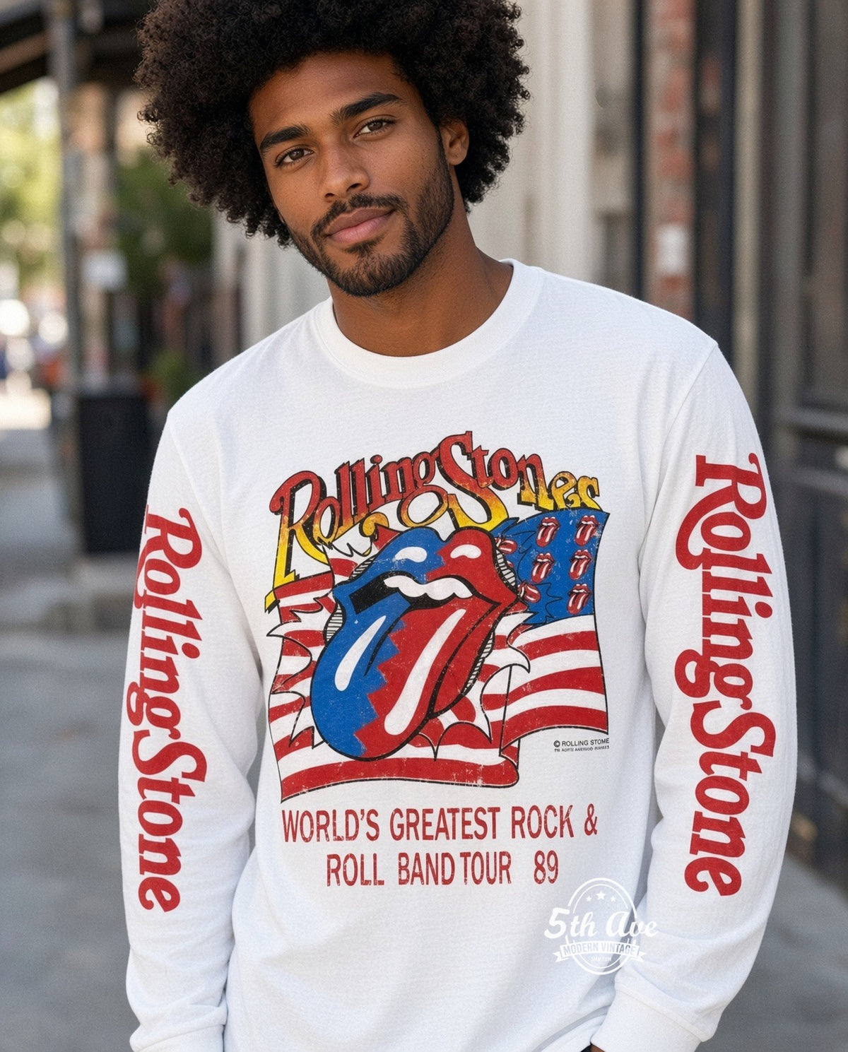 ETS LS 67 The Rolling Stones Tour 89 Tongue Flag long sleeve vintage tee worn by a model