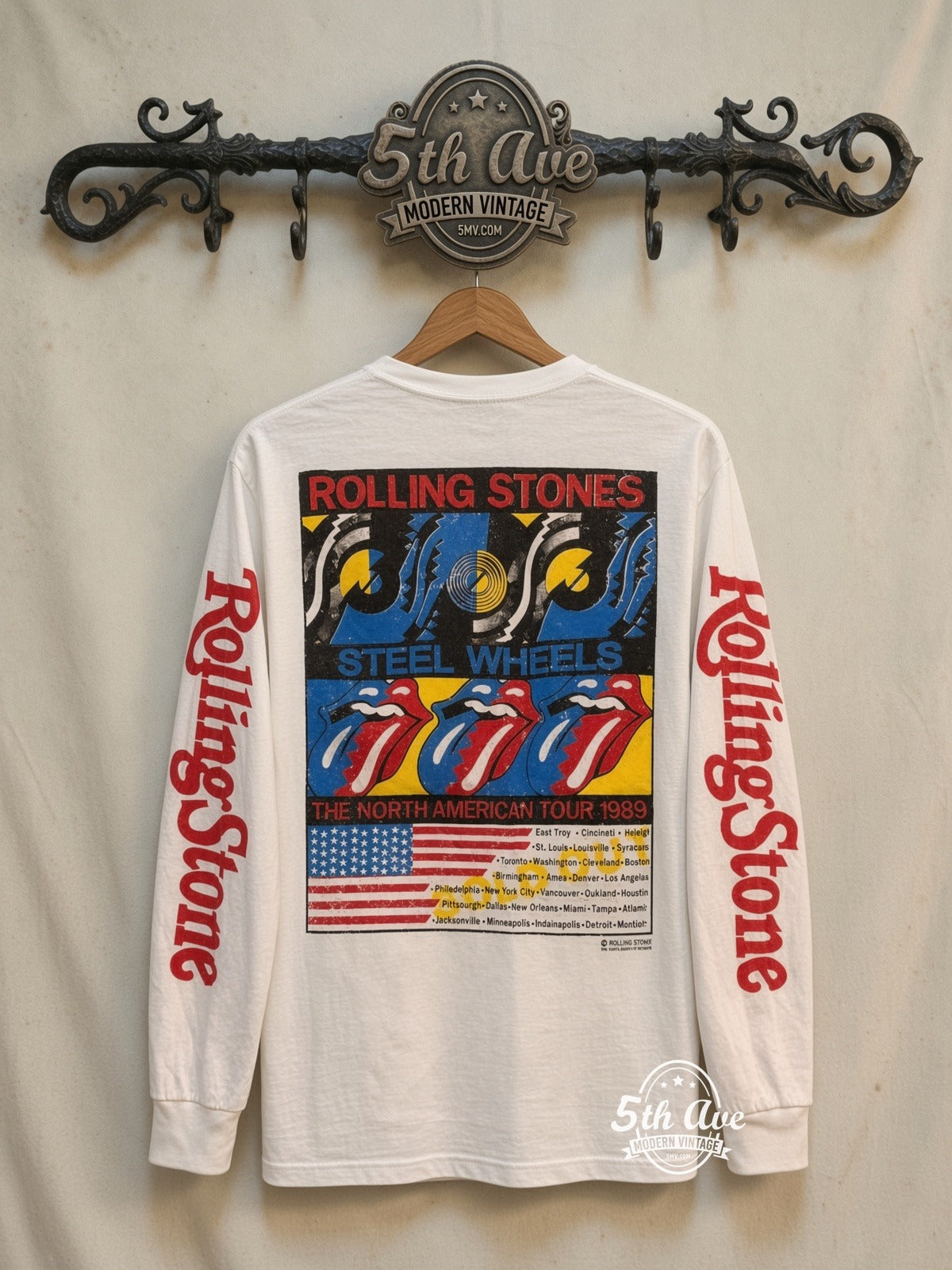 ETS LS 67 The Rolling Stones Tour 89 Tongue Flag long sleeve vintage tee on rack, back