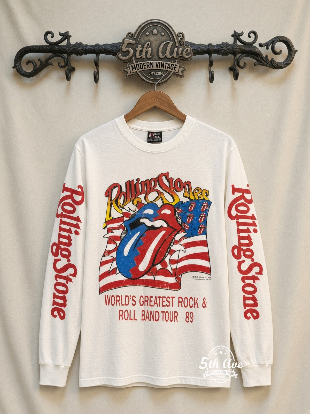 ETS LS 67 The Rolling Stones Tour 89 Tongue Flag long sleeve vintage tee on rack, front