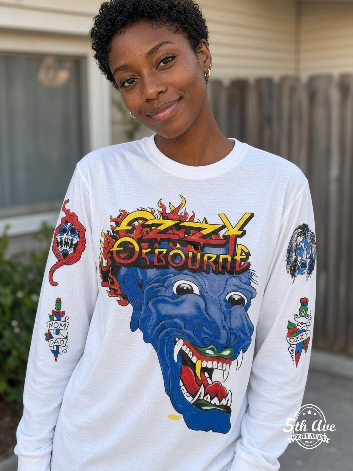 ETS LS 68 Ozzy Osbourne Blue Demon long sleeve vintage tee worn by a model