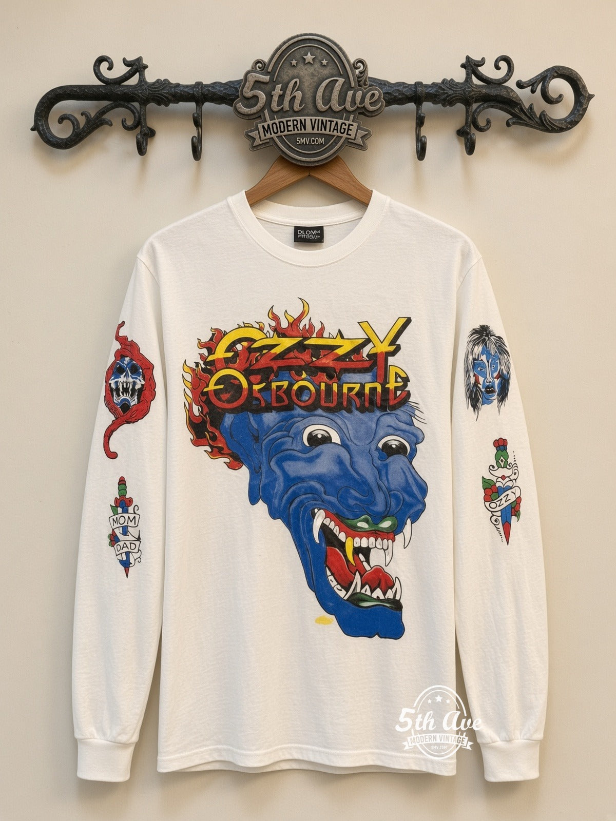 ETS LS 68 Ozzy Osbourne Blue Demon long sleeve vintage tee on rack, front