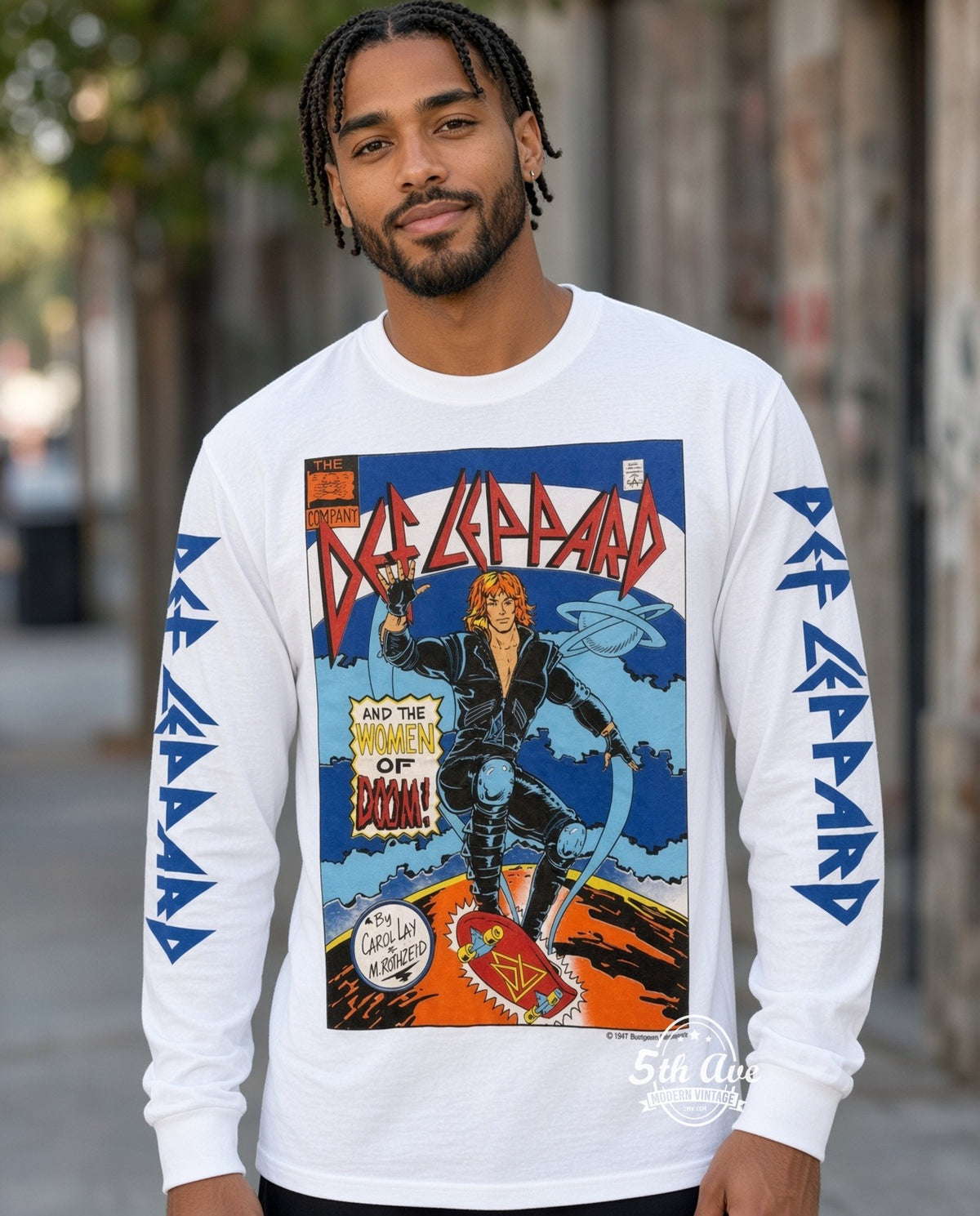 ETS LS 69 Def Leppard Women of Doom long sleeve vintage tee worn by a model