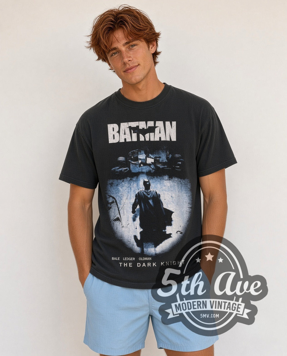 Model wearing the Batman The Dark Knight vintage cartoon tee