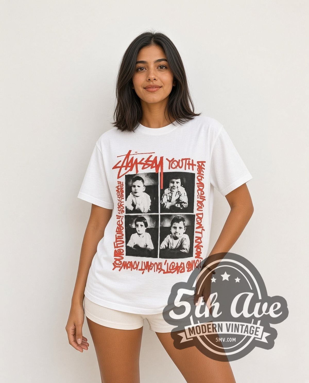 Model wearing the Youth Brigade x Stüssy Live Clean Stay Young vintage band t-shirt in white