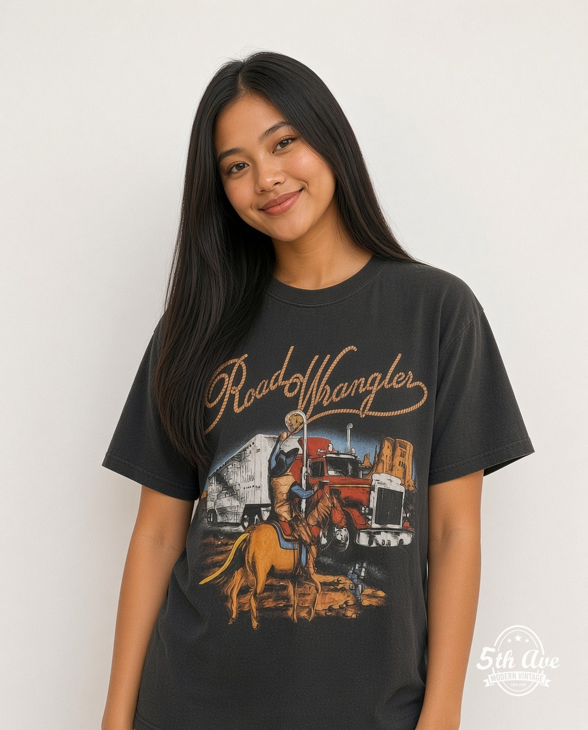 Model wearing the Road Wrangler Truckers Only Big Sioux Truck Stop graphic tee in black