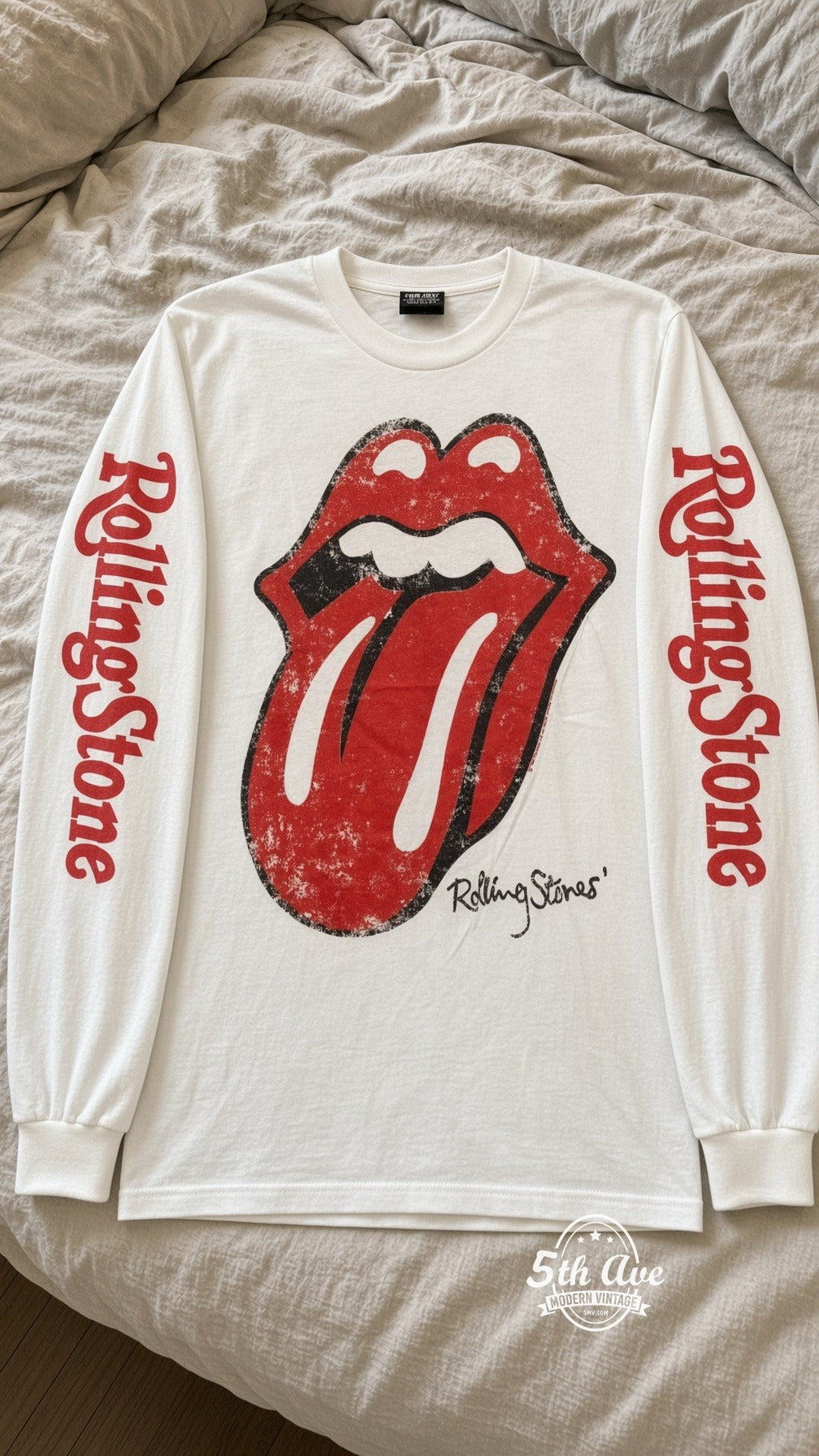 ETS LS 71 The Rolling Stones Red Tongue long sleeve vintage tee laid on a bed