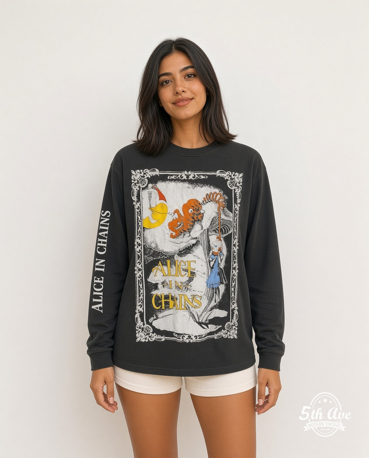 Model wearing the Alice in Chains In Wonderland vintage band t-shirt in black
