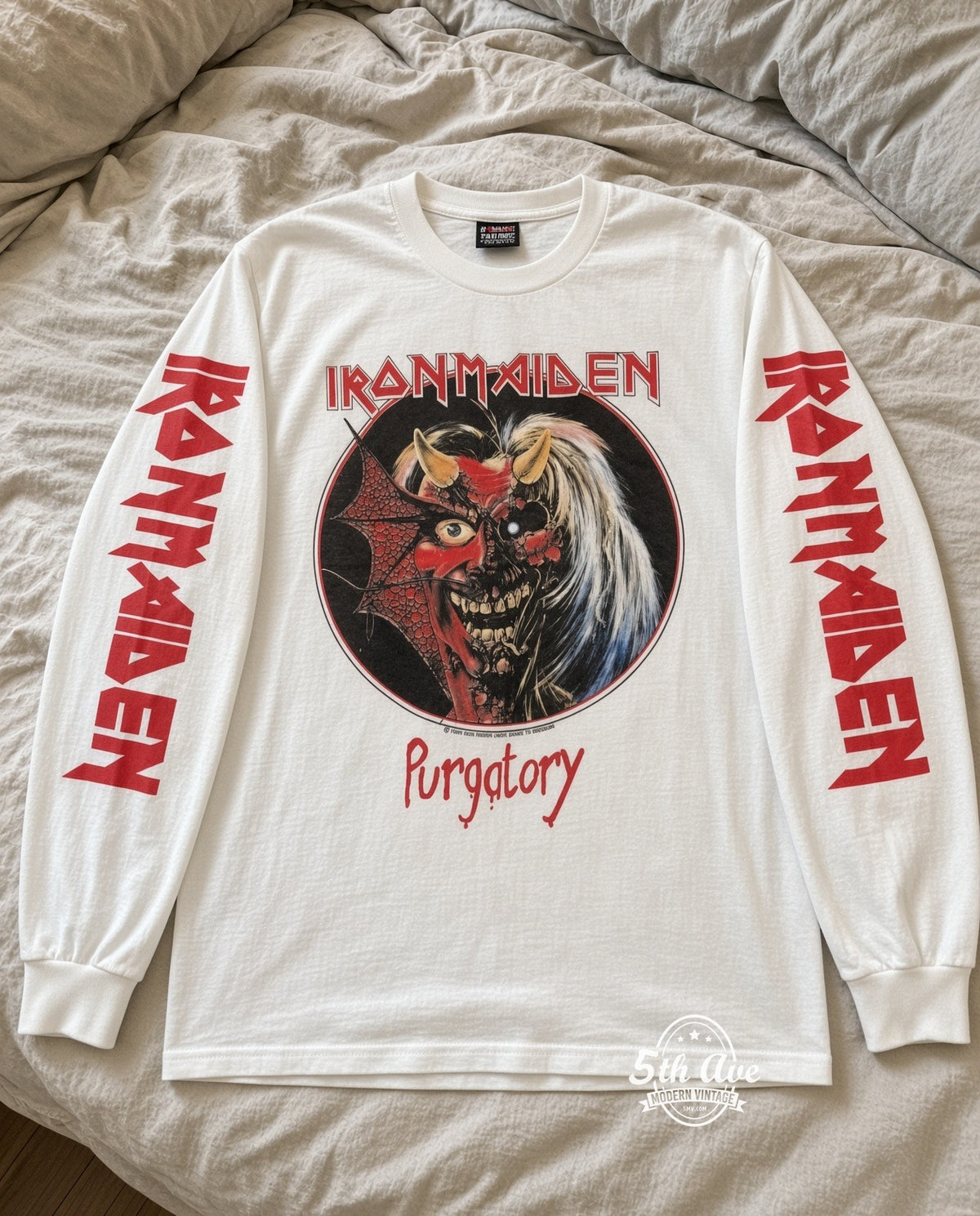 ETS LS 72 Iron Maiden Purgatory long sleeve vintage tee laid on a bed