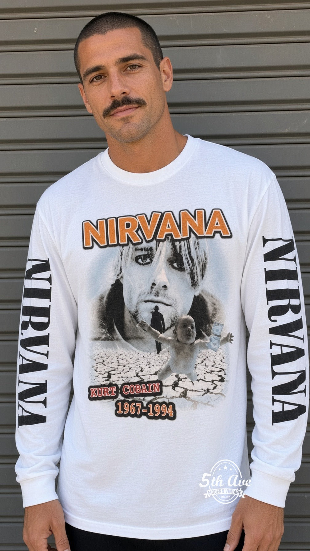 ETS LS 73 Nirvana Kurt Cobain Cracked Earth long sleeve vintage tee worn by a model