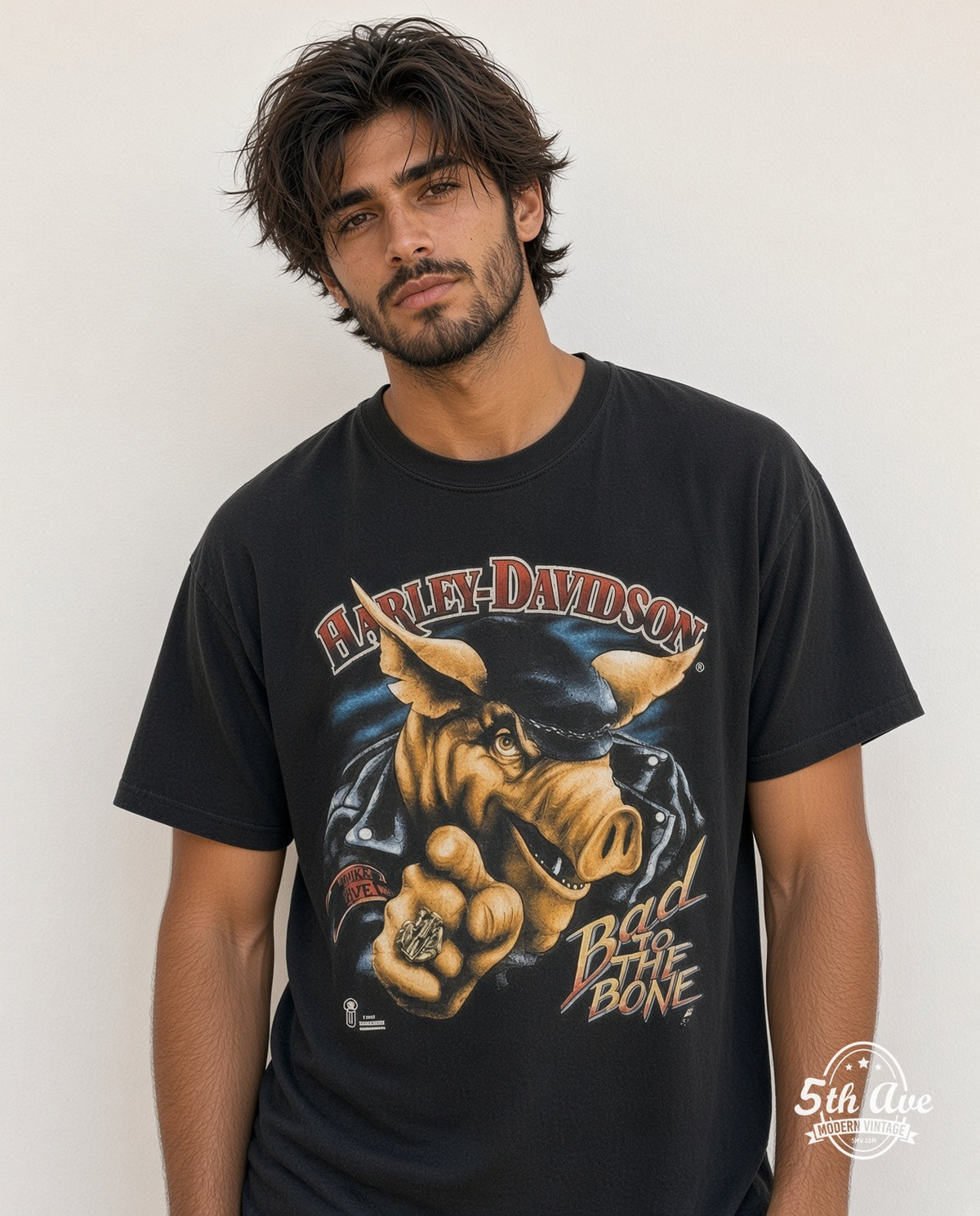 Model wearing the Harley-Davidson Bad to the Bone graphic tee in black