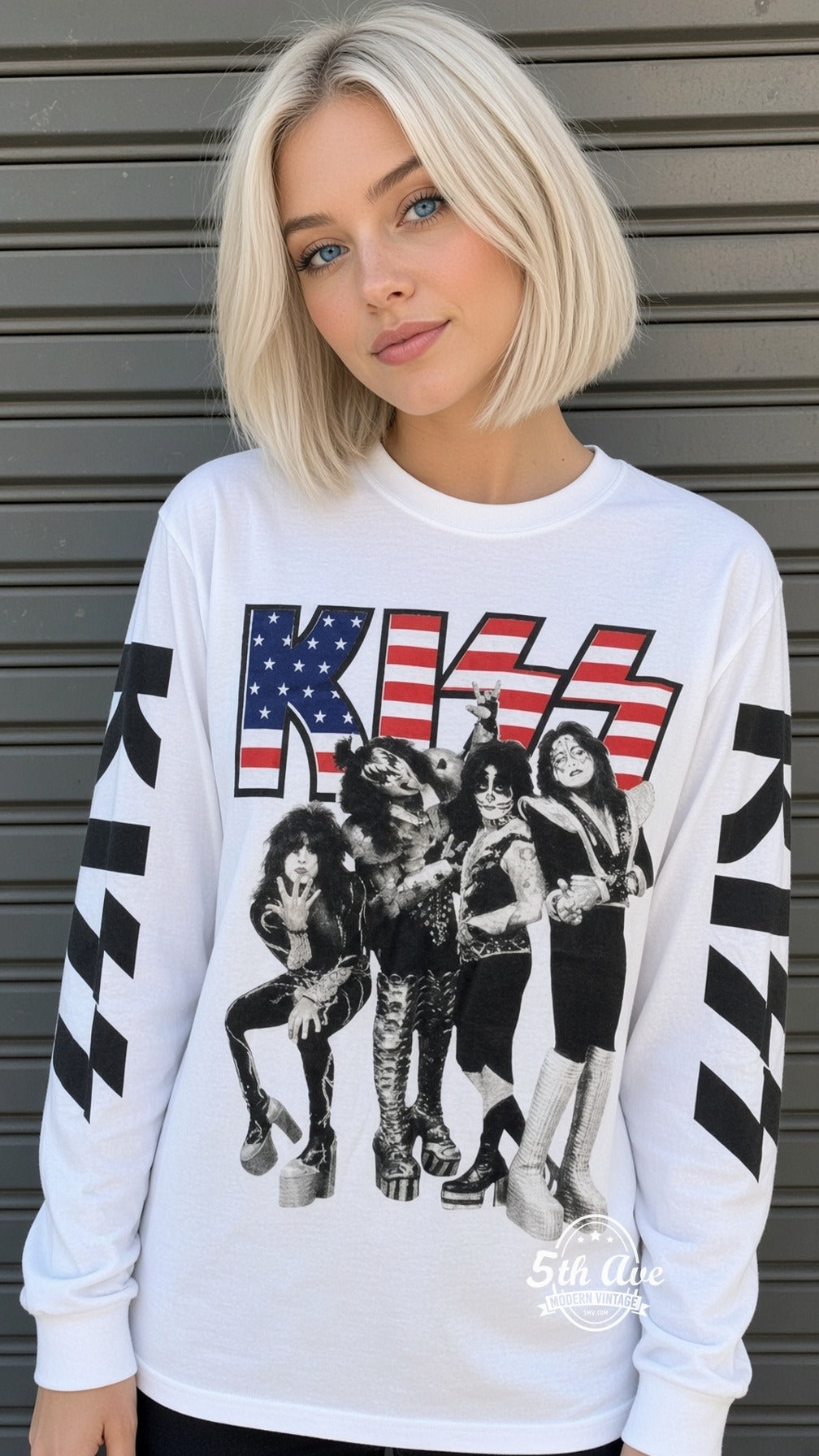 ETS LS 74 KISS Flag Logo Band long sleeve vintage tee worn by a model