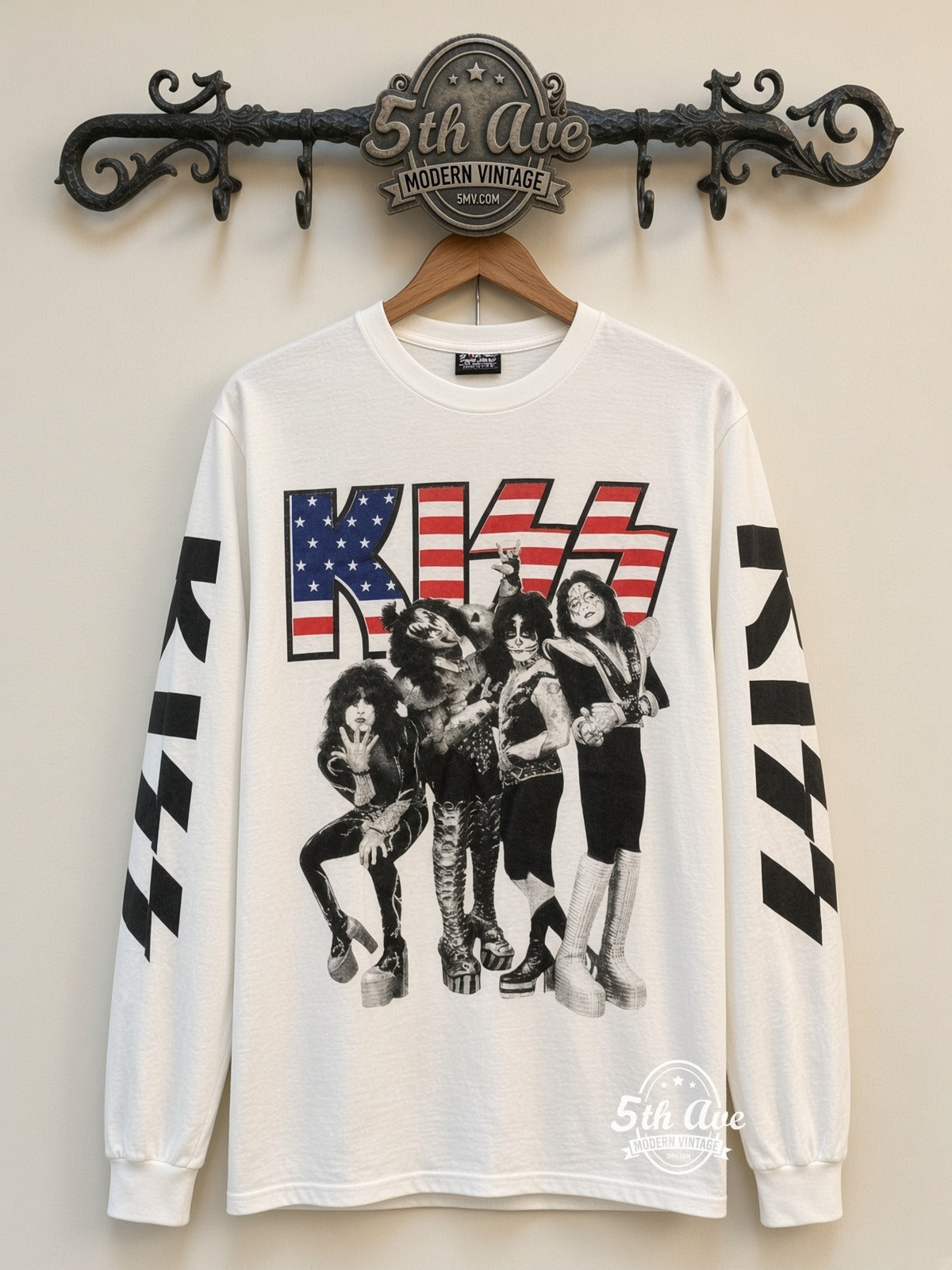 ETS LS 74 KISS Flag Logo Band long sleeve vintage tee on rack, front
