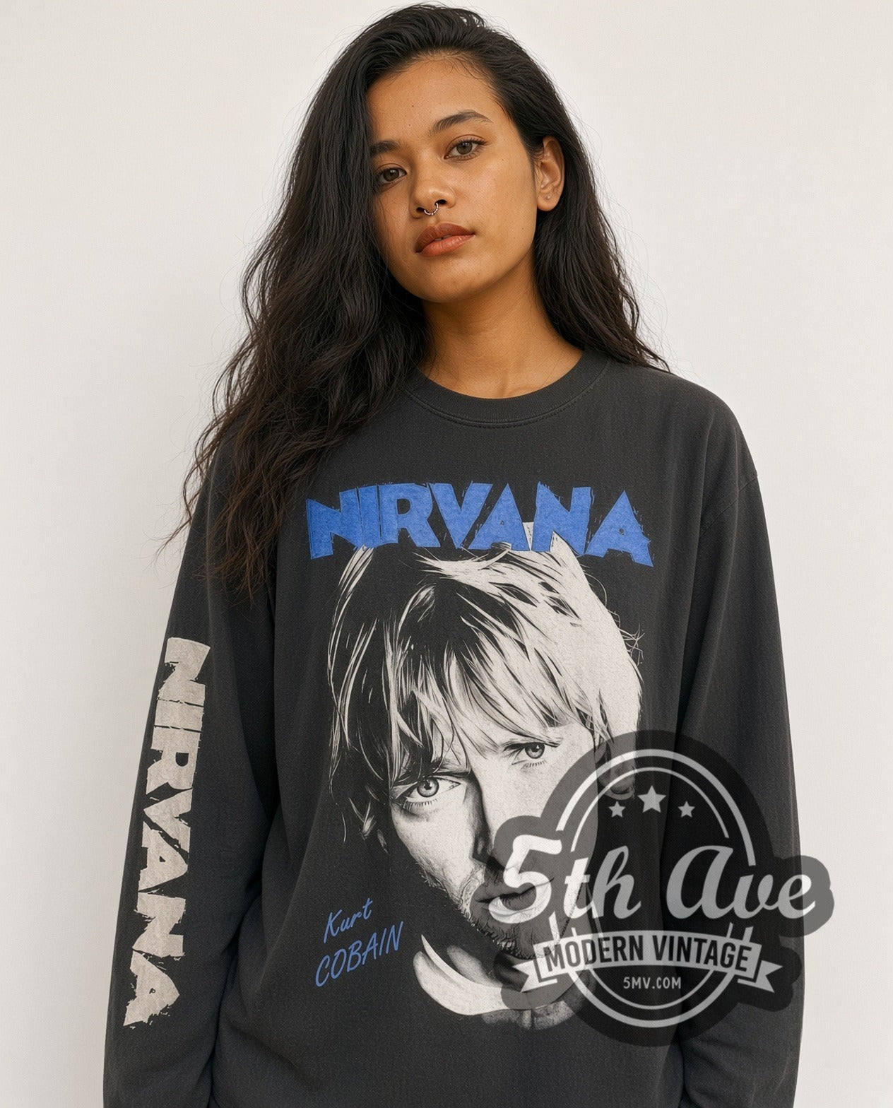 Nirvana Kurt Cobain Play Electric Guitar Long Sleeve Band Tee