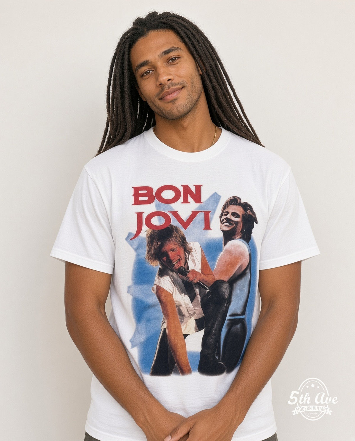 Model wearing Bon Jovi Stage Duo White vintage band tee