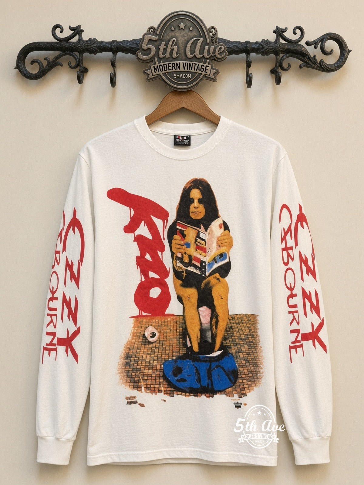 ETS LS 77 Ozzy Osbourne On the Toilet long sleeve vintage tee on rack, front