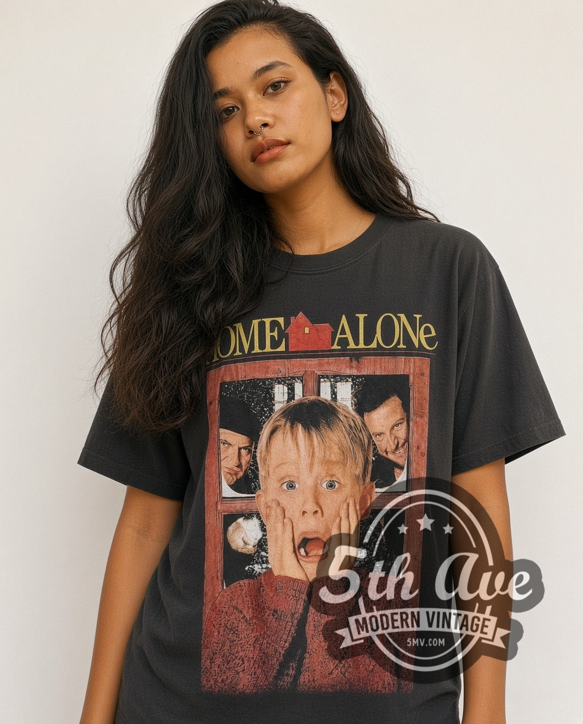 Model wearing the Home Alone vintage graphic t-shirt