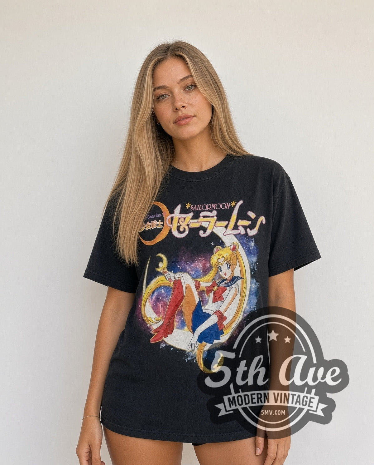 Model wearing the Sailor Moon Eight Sailor Guardians vintage anime t-shirt
