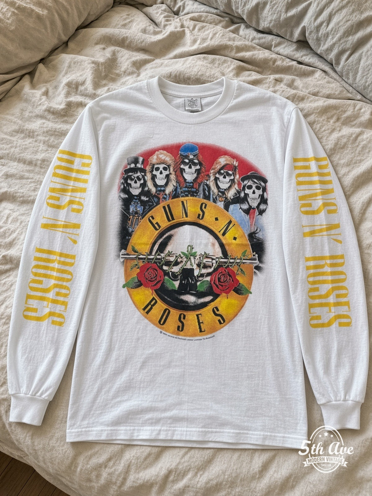 ETS LS 80 Guns N' Roses Skeleton Band long sleeve vintage tee laid on a bed
