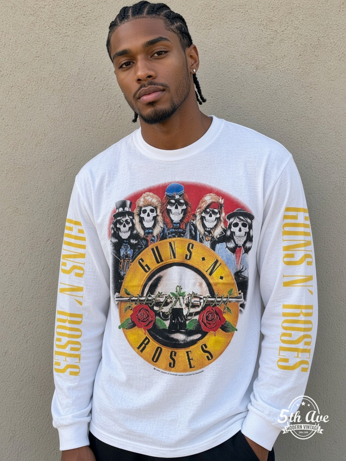 ETS LS 80 Guns N' Roses Skeleton Band long sleeve vintage tee worn by a model