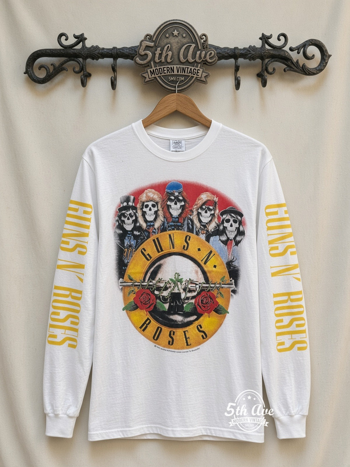 ETS LS 80 Guns N' Roses Skeleton Band long sleeve vintage tee on rack, front