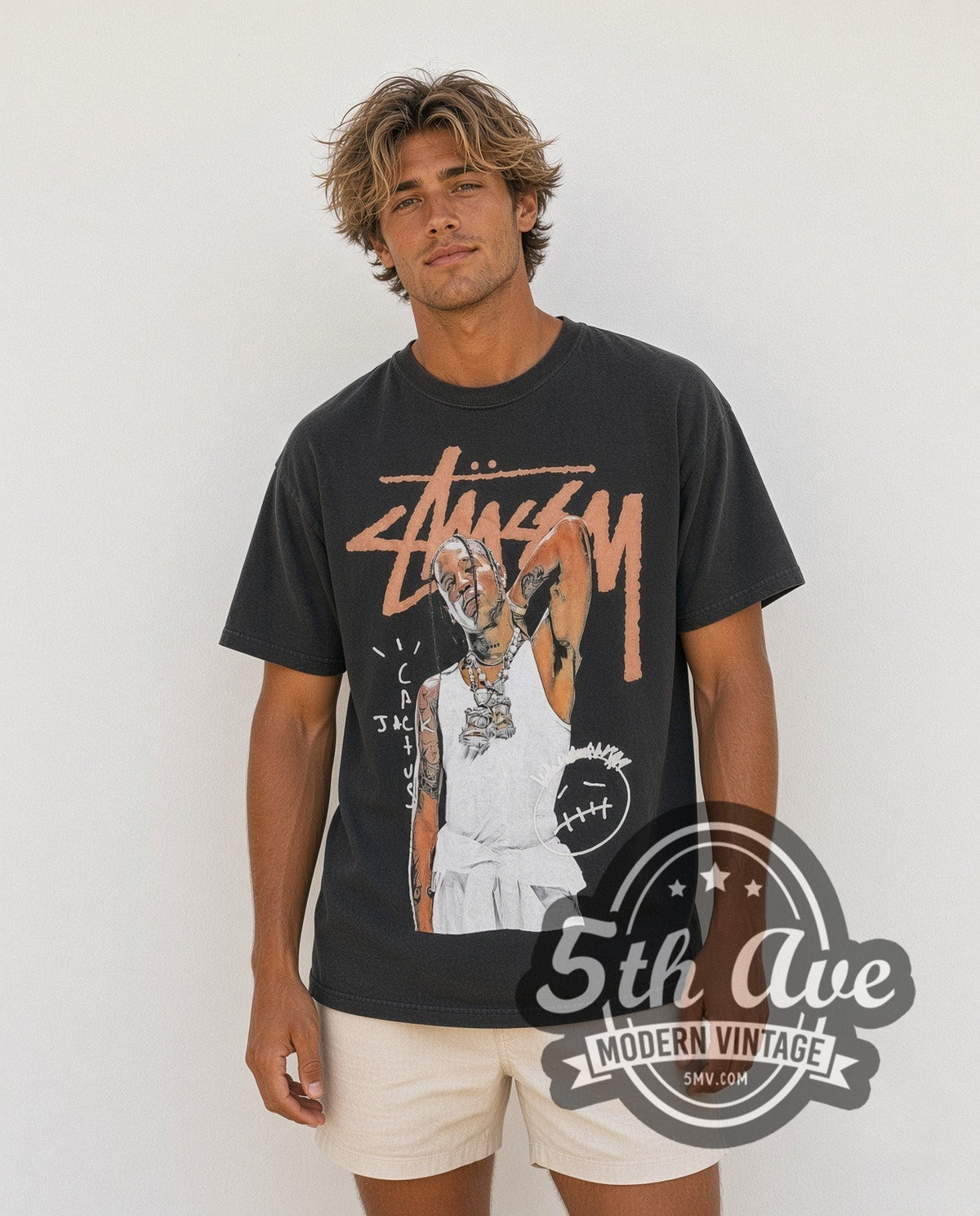 Model wearing the Travis Scott x Stüssy Astroworld vintage rap tee in black