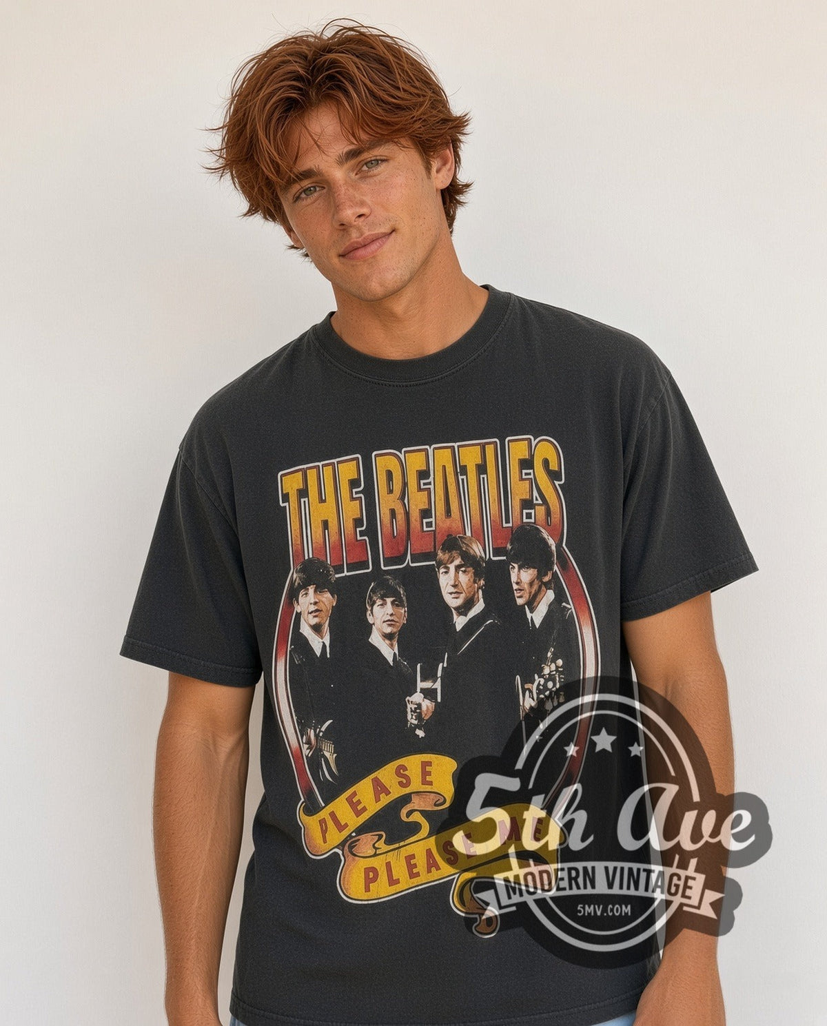 Model wearing The Beatles Please Please Me 1963 vintage band t-shirt in black