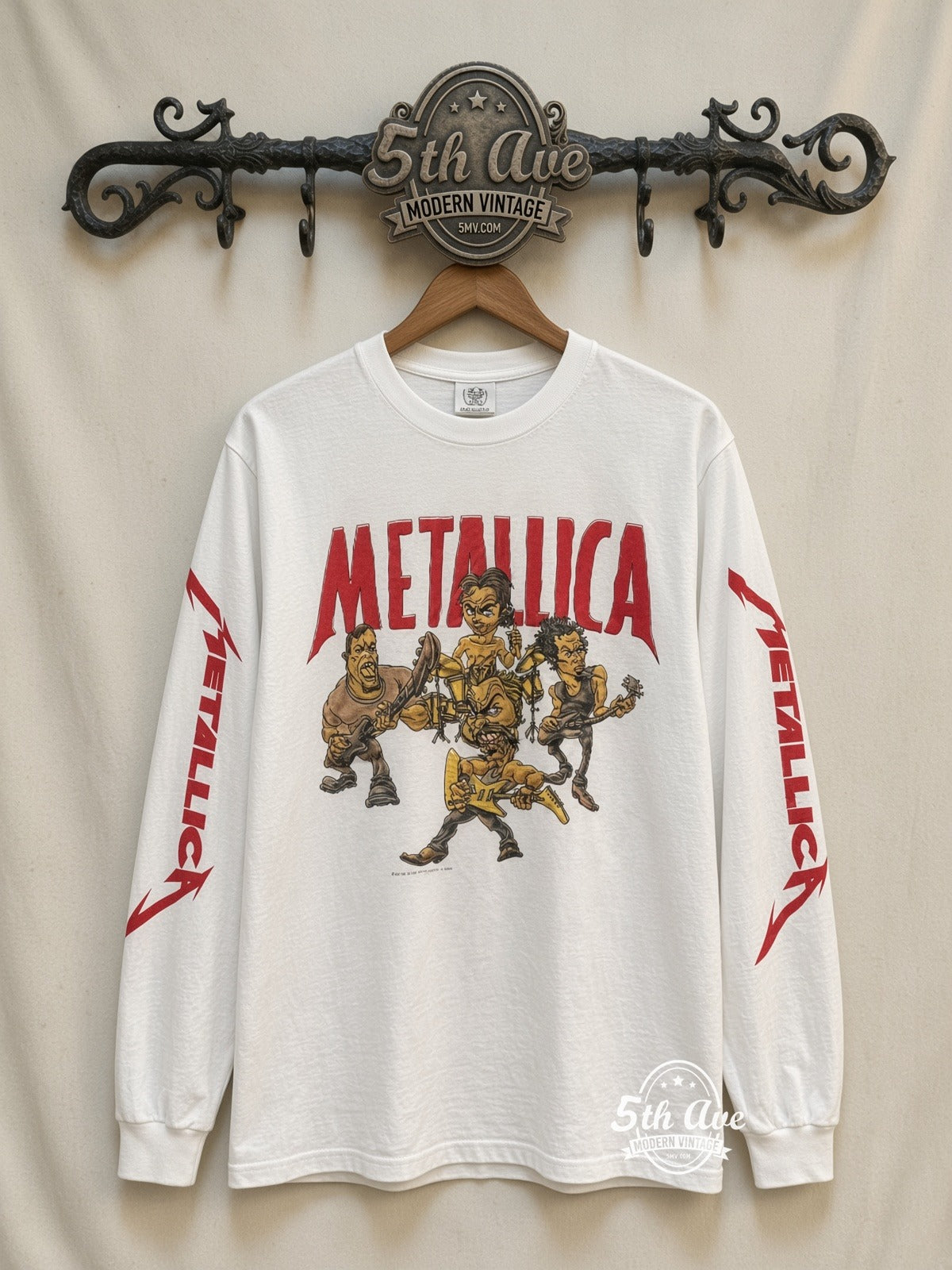 ETS LS 81 Metallica Cartoon Band long sleeve vintage tee on rack, front