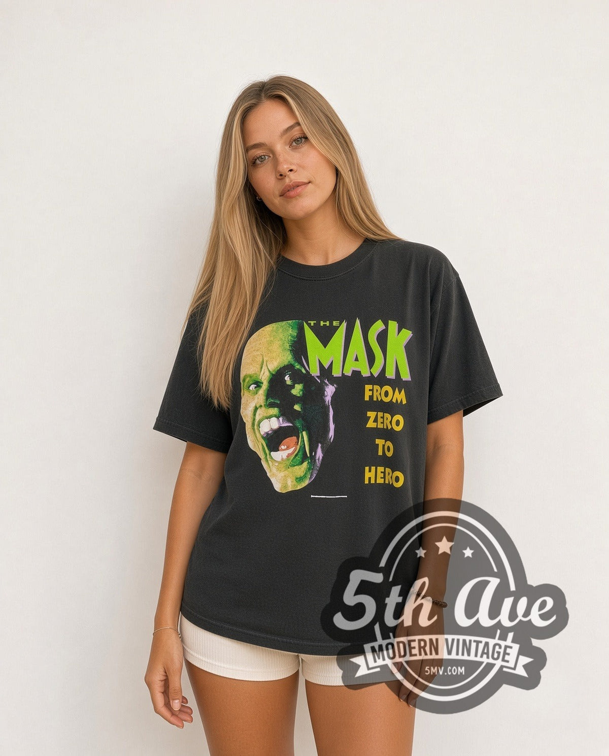 Model wearing The Mask From Zero to Hero vintage graphic t-shirt