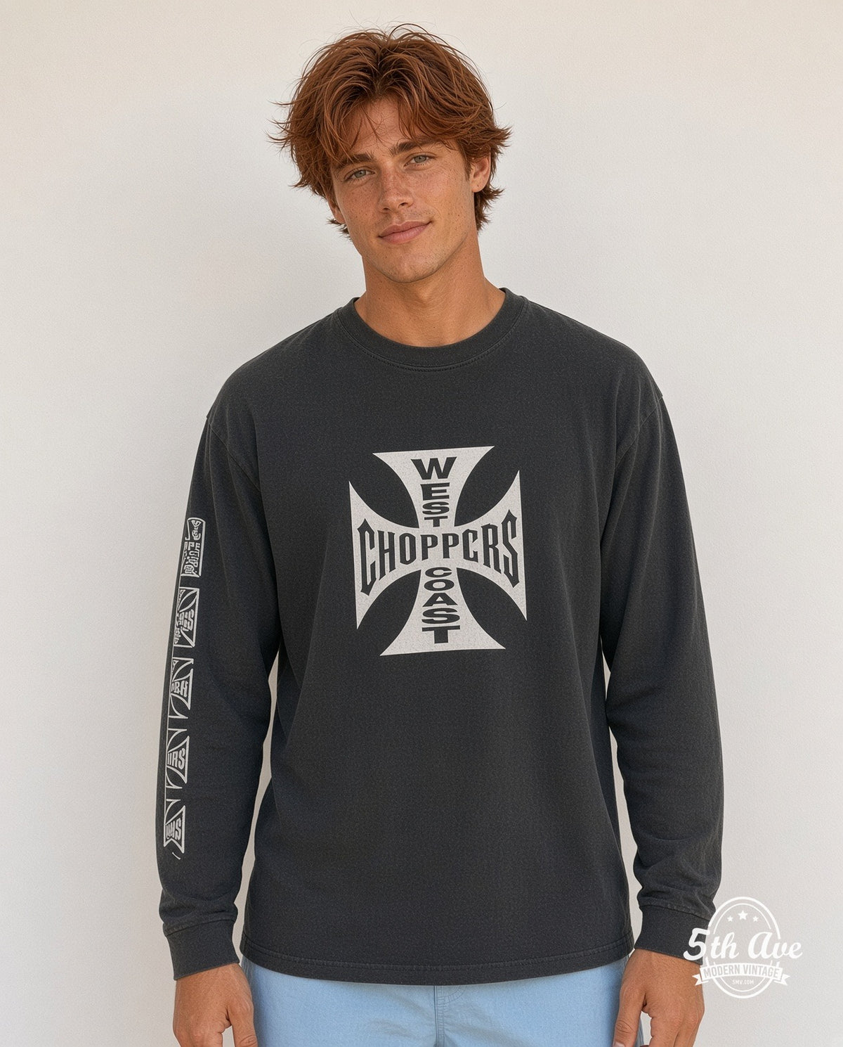 Model wearing the West Coast Choppers Long Beach Iron Cross Sleeve Logos long sleeve t-shirt in black
