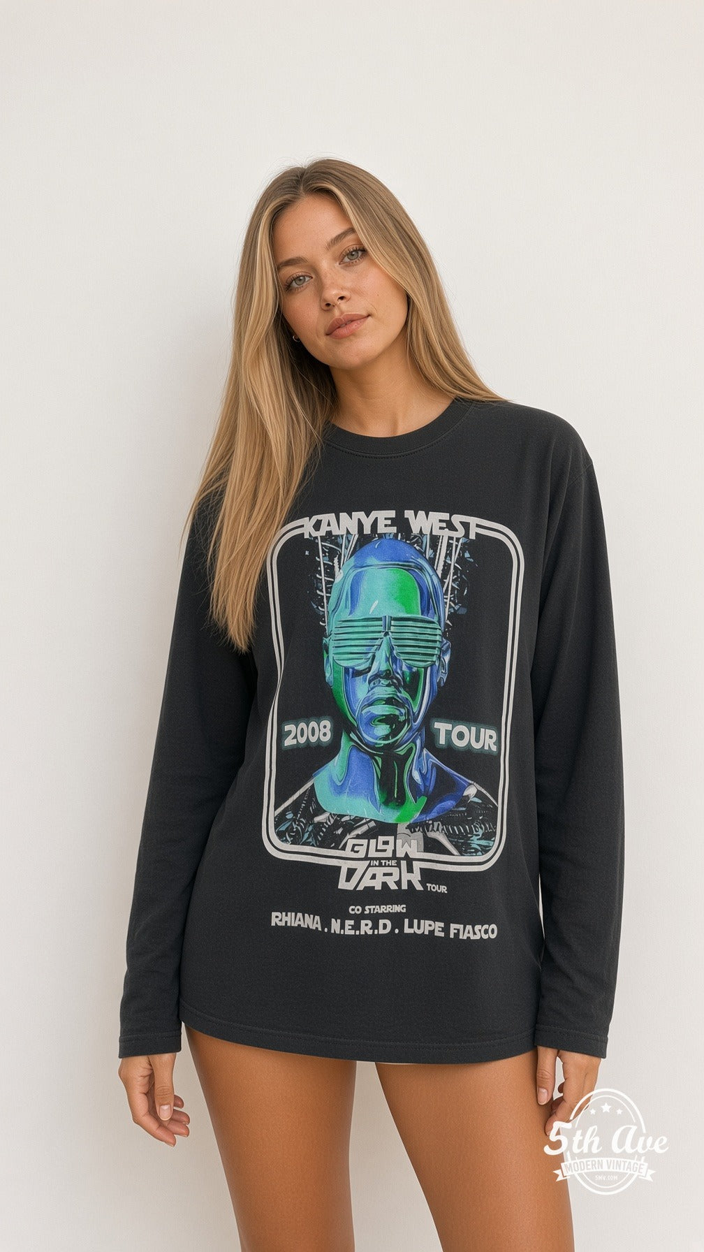Model wearing the Kanye West Glow in the Dark Tour 2008 vintage band t-shirt in black