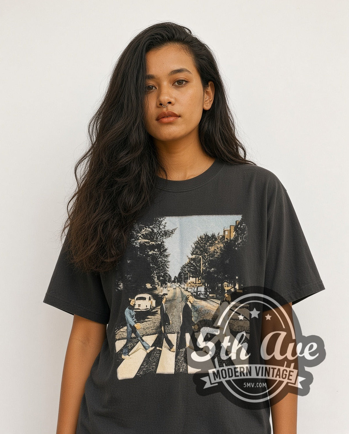 Model wearing The Beatles Abbey Road Crossing Wall Sign Back vintage band t-shirt in black