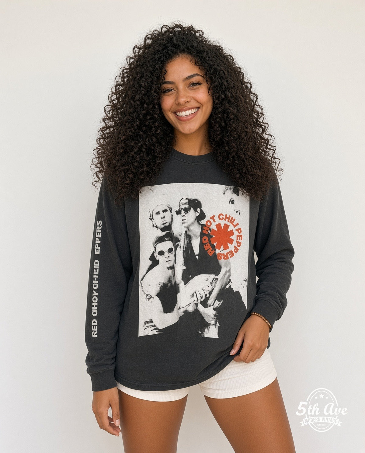 Model wearing the Red Hot Chili Peppers Out in L.A. vintage band long sleeve t-shirt