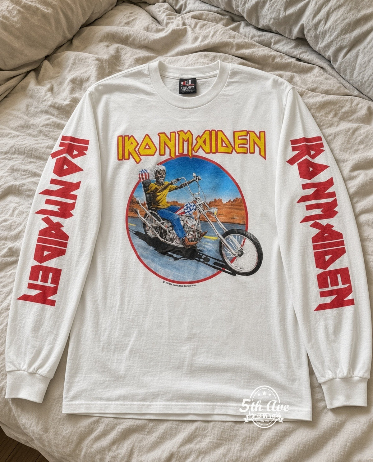 ETS LS 84 Iron Maiden Eddie Motorcycle long sleeve vintage tee laid on a bed
