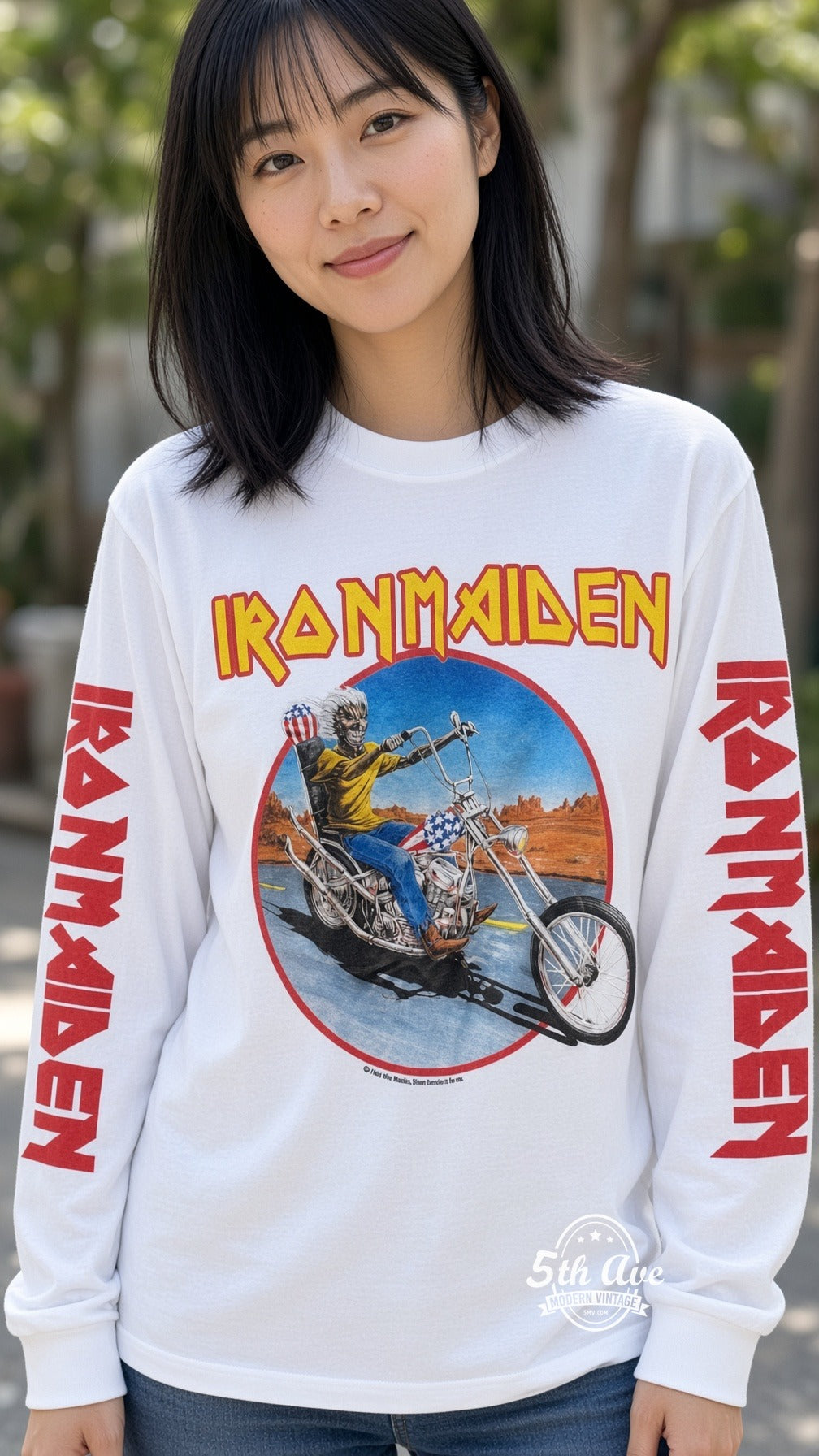 ETS LS 84 Iron Maiden Eddie Motorcycle long sleeve vintage tee worn by a model