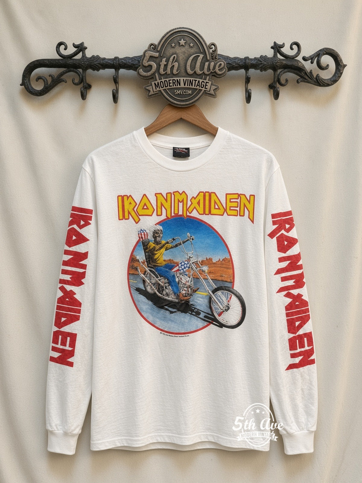 ETS LS 84 Iron Maiden Eddie Motorcycle long sleeve vintage tee on rack, front