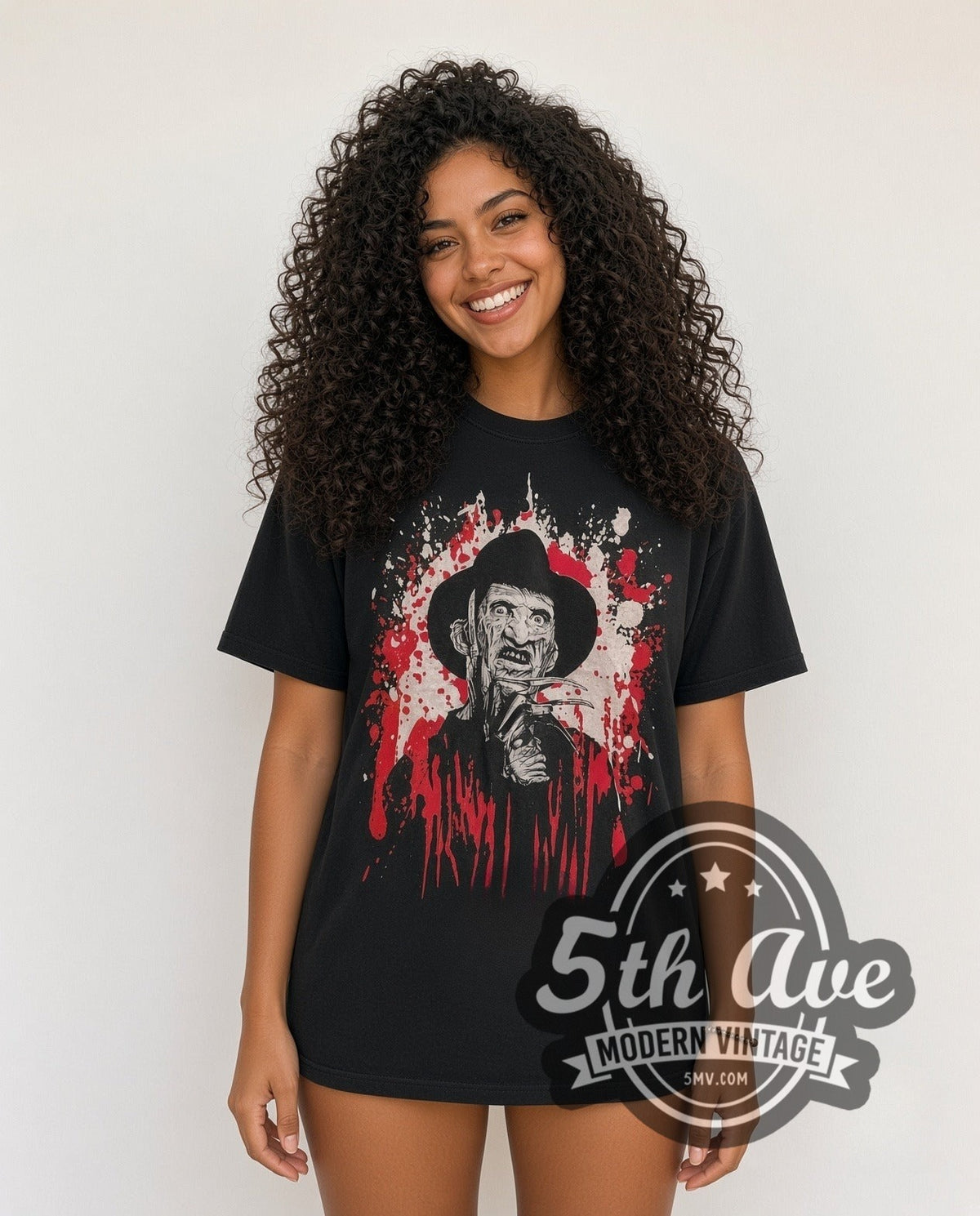 Model wearing the Freddy Krueger A Nightmare on Elm Street vintage movie t-shirt