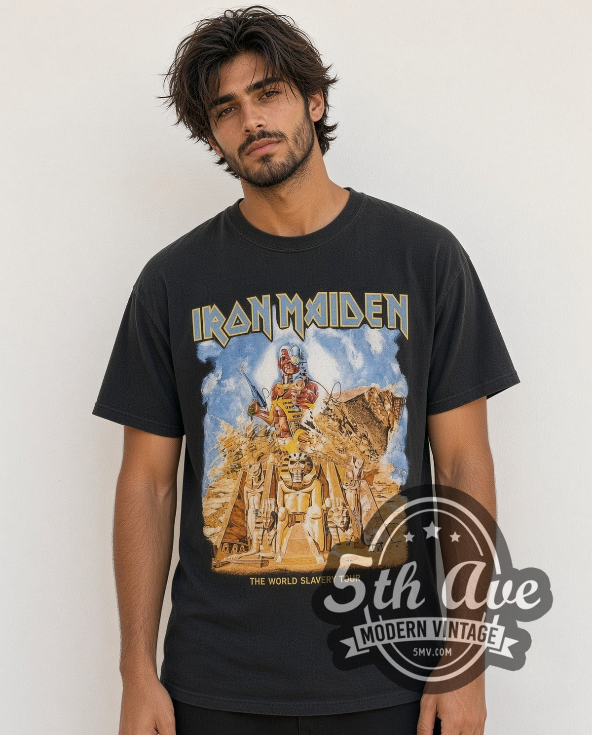 Model wearing the Iron Maiden Somewhere Back in Time vintage band t-shirt in black