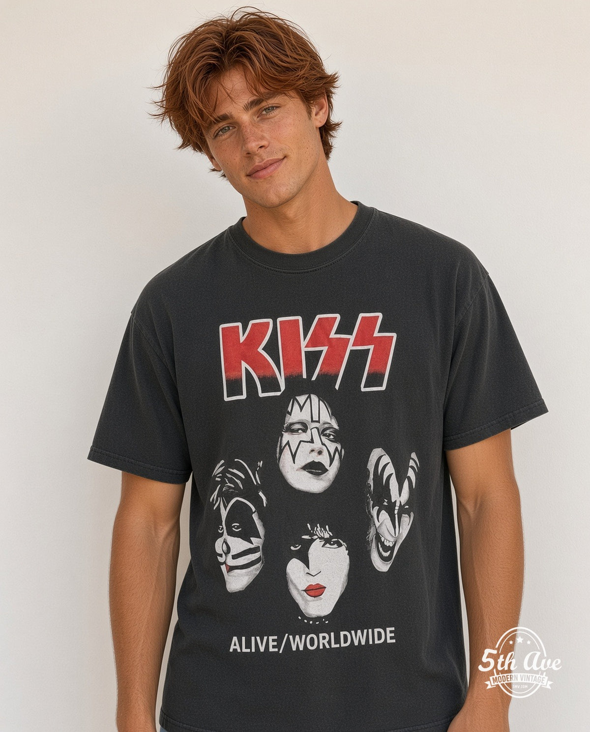 Model wearing the KISS Alive/Worldwide Tour 1996/1997 \m/KIϟϟ\m/ vintage band t-shirt in black