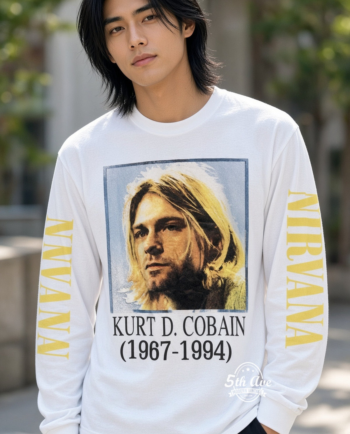 ETS LS 87 Nirvana Kurt Cobain Portrait long sleeve vintage tee worn by a model