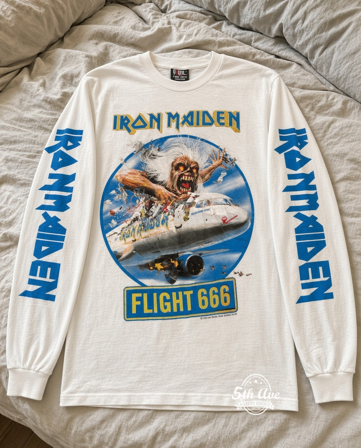 ETS LS 88 Iron Maiden Flight 666 long sleeve vintage tee laid on a bed